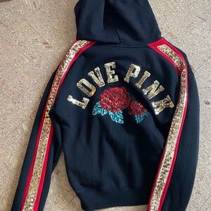 PINK Victoria's Secret Black Hoodie with Gold Sequins and Red Details
